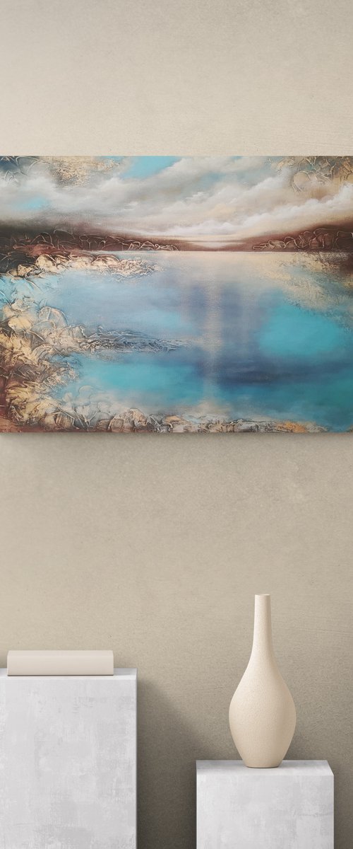 A large abstract beautiful structured mixed media painting of a seascape with the sunrise "A new day" from "Silence" series by Vera Hoi