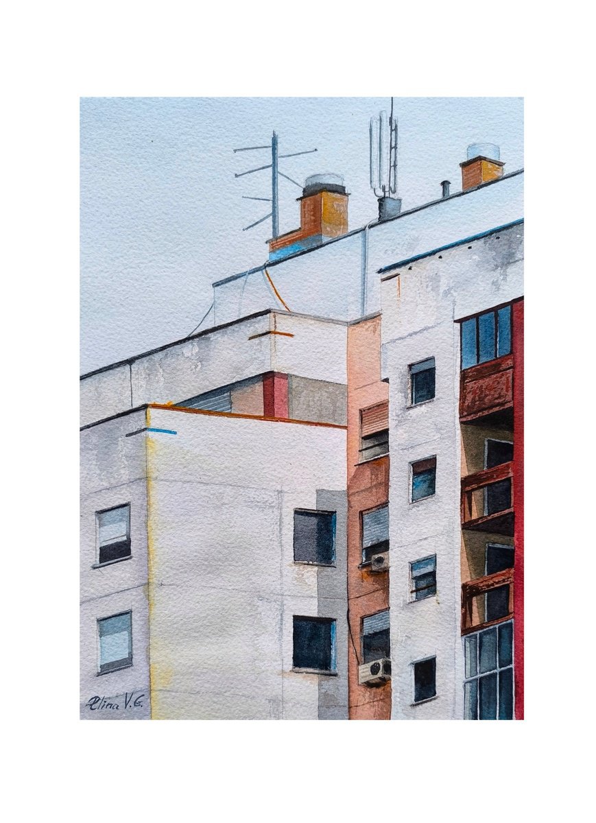 Photorealistic Cityscapes Watercolour By Elina V.g., 8 X 11, Rooftop Stillness, Original Artwork