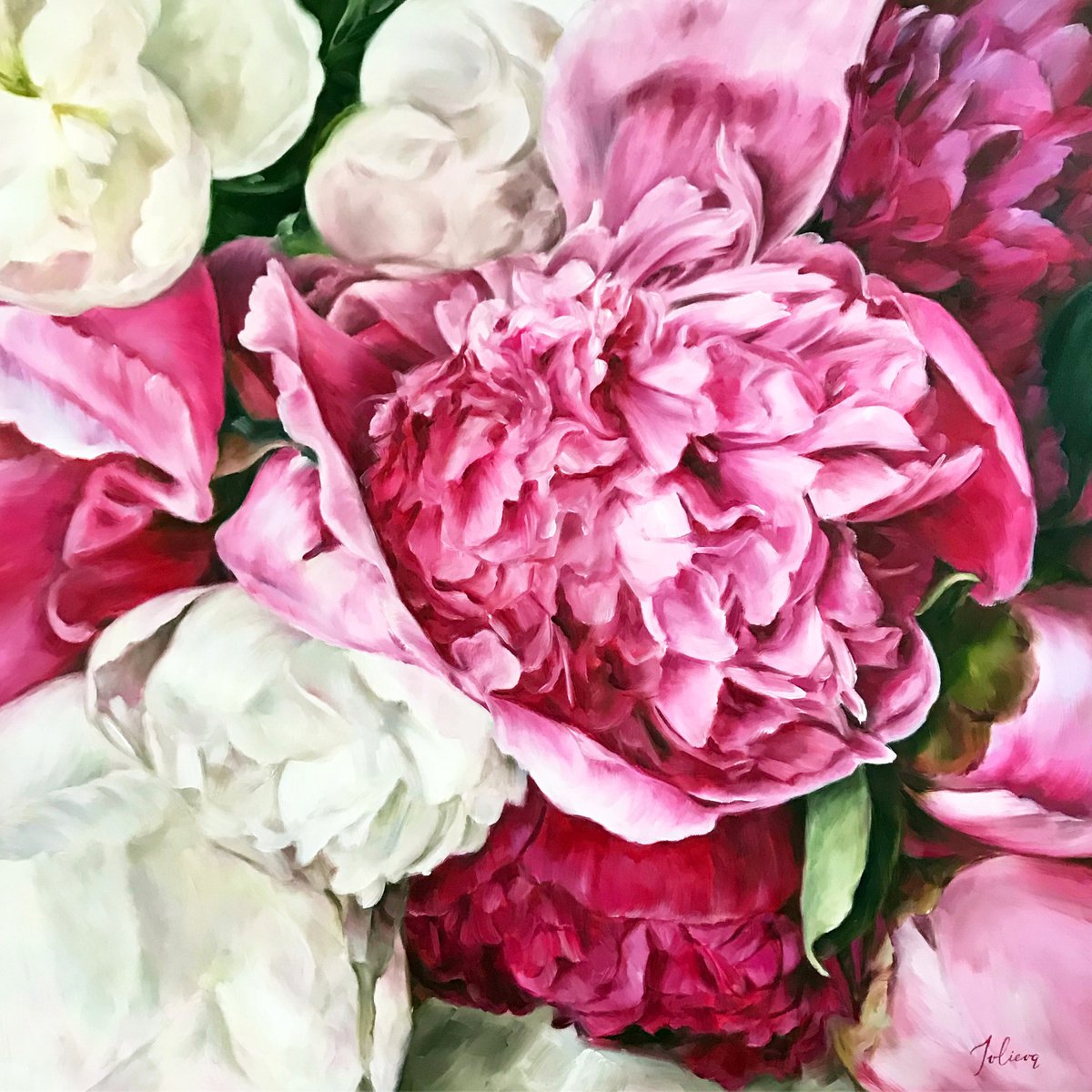 Large square painting with peonies About Love 90*90 cm by Irina Ivlieva