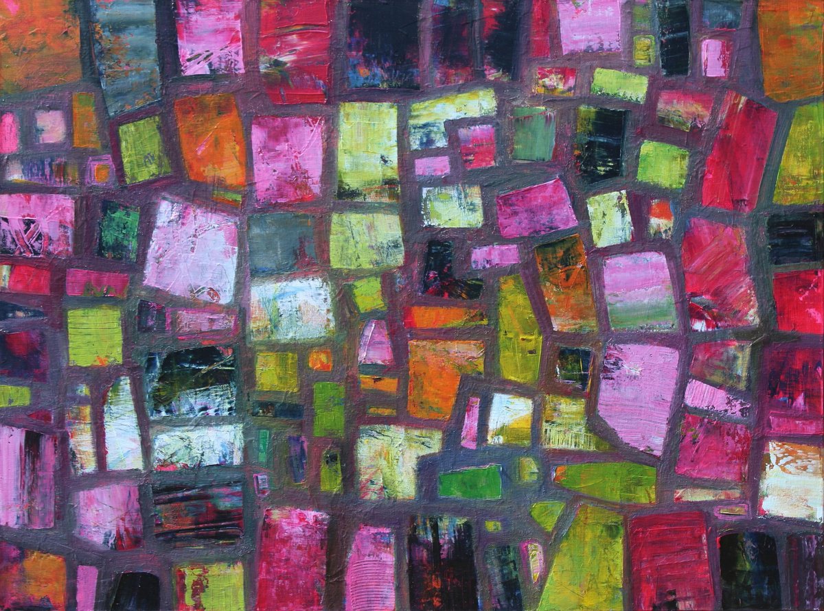 Geometric Abstract Acrylic Painting By Sage Mountain Studio, 40 X 30", Drunk On Strawberry Wine, Original Artwork