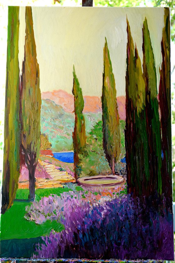 Mediterranean Landscape, Cypresses and Lavender Flowers