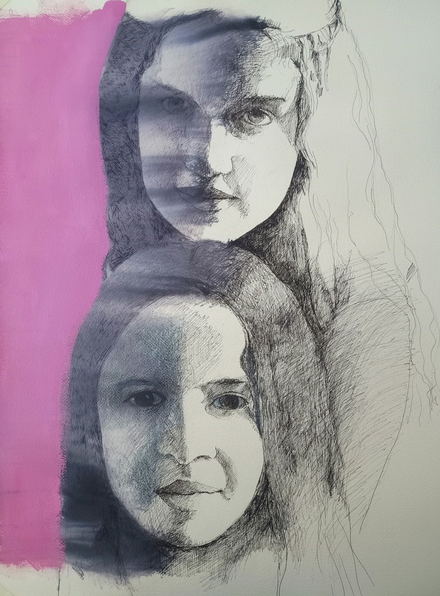 Expressive Portrait Ink Drawing By Marina Del Pozo, 18 X 24", Portraits, Original Artwork