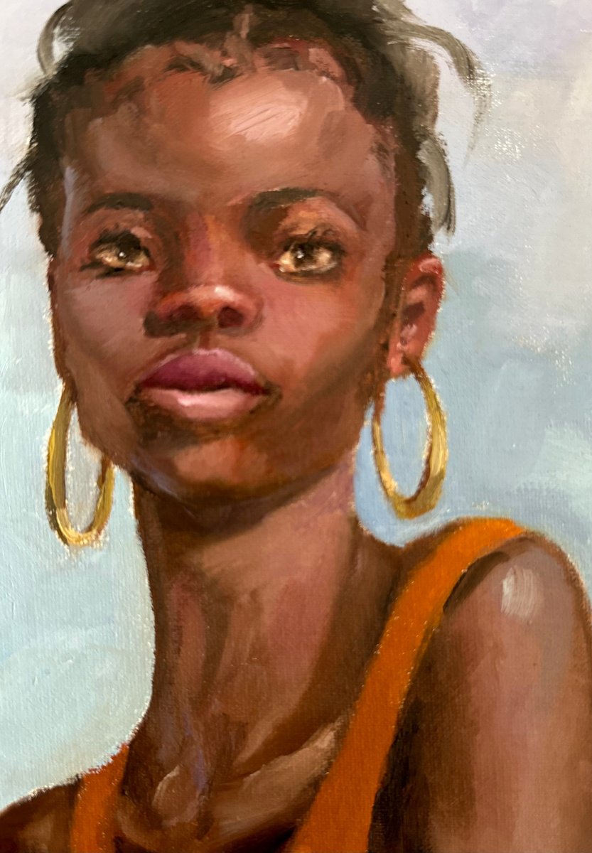 Impressionistic Portrait Oil Painting By Grace Diehl, 5 X 7, Golden Hoops, Original Artwork