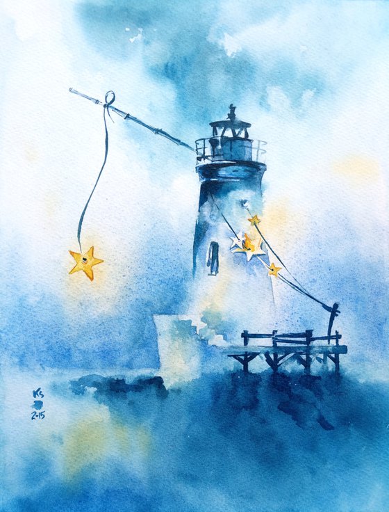 "Evening lighthouse " Original seascape watercolor painting