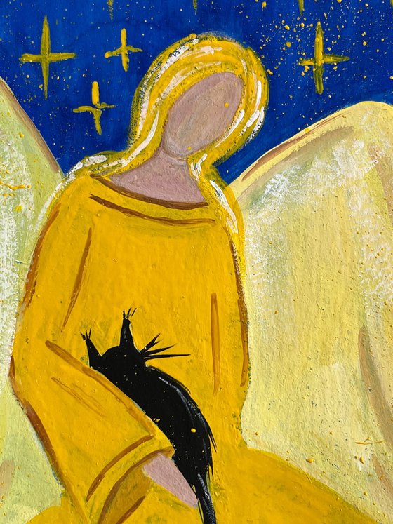 Angel Painting Cat Original Art Christmas Small Artwork 8 by 12 inches