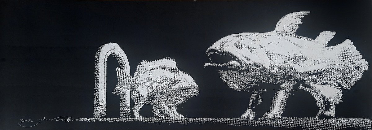 Surrealistic Screenprint , Ancient Gate Guards 03 By Gokhan Okur, 39 X 14, Artwork For Sale On Artfinder