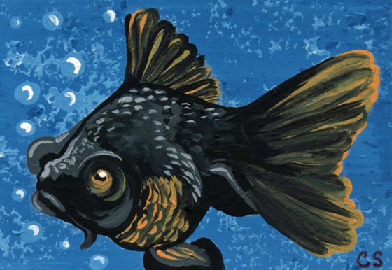 ACEO ATC Original Miniature Painting Black Moor Goldfish Pet Art-Carla Smale