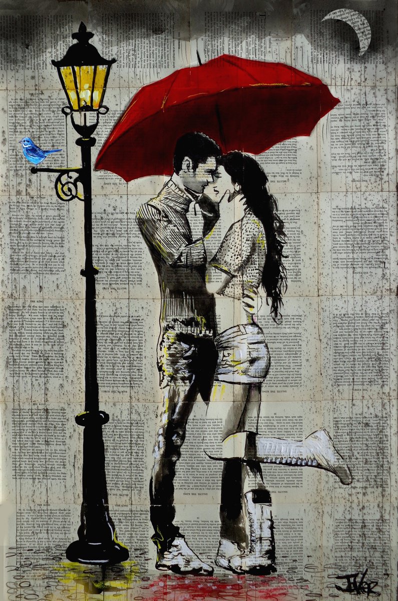 Expressive Portrait Ink Drawing By Loui Jover, 29 X 45", Love And Rain Story, Original Artwork