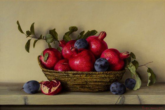 Authum with pomegranates and plums, 60x90cm, oil on canvas 2018, classical still life