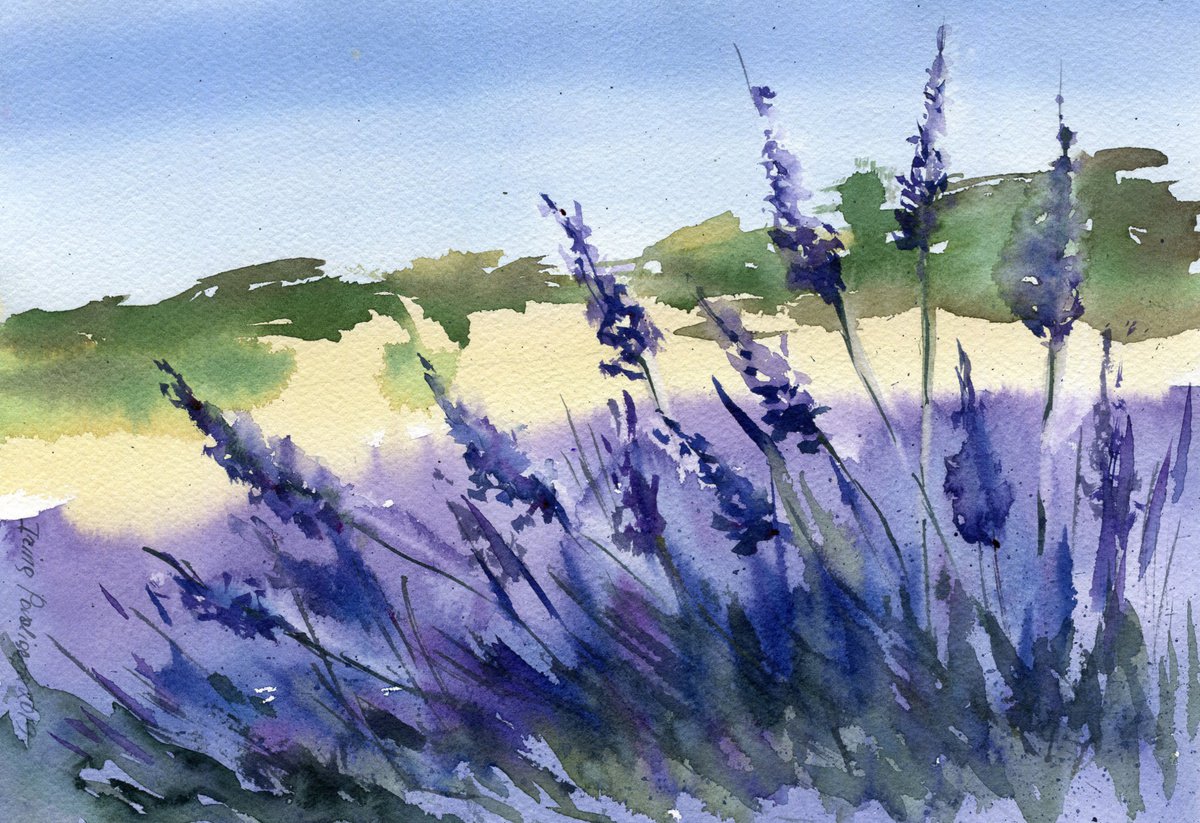 Lavender sunset, watercolor, 19,5 x 27,5 cm, deep colores, lavender, red, violet by Irina Povaliaeva
