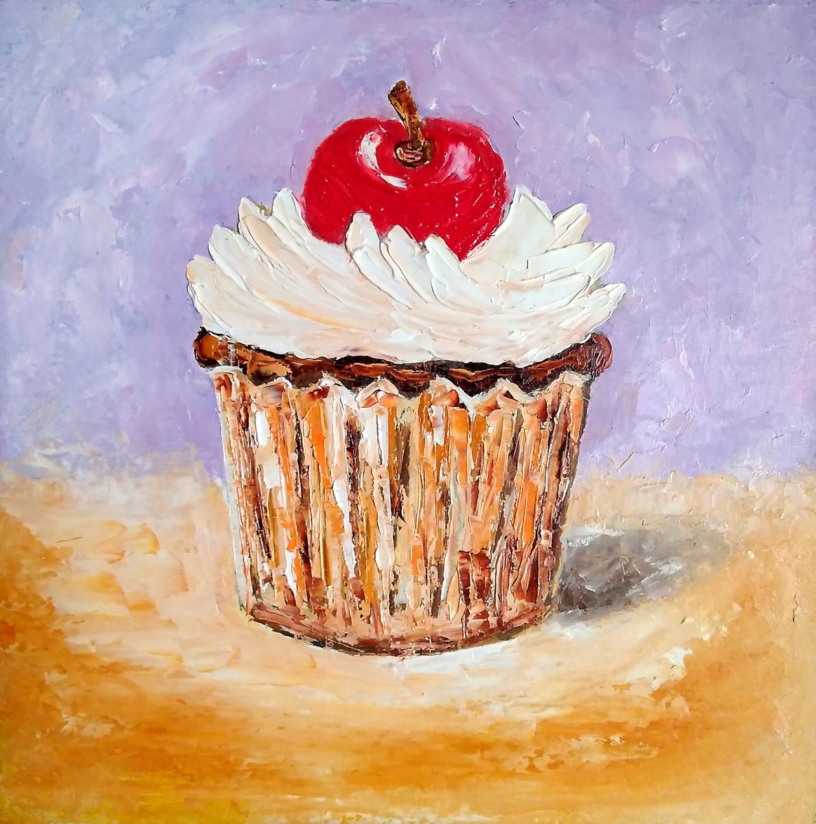 Cherry Cupcake Painting Original Art Dessert Artwork Small Food Wall Art 8 by 8 by Yulia Berseneva