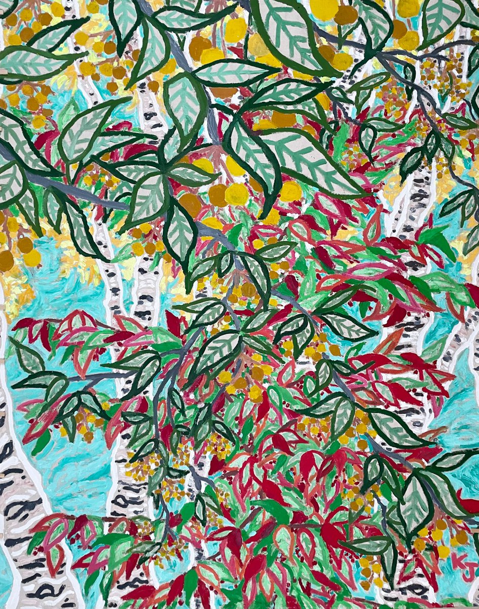 Expressive Botanical Acrylic Painting By Katie Jurkiewicz, 48 X 60", Birch Tree + Crabapple, Original Artwork