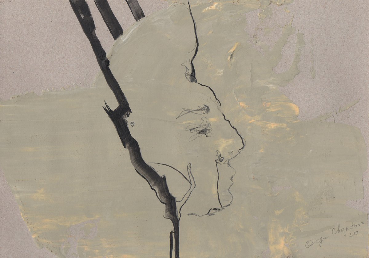 beige beautiful face portrait drawing emotional figurative abstract wall art by Olga Chertova