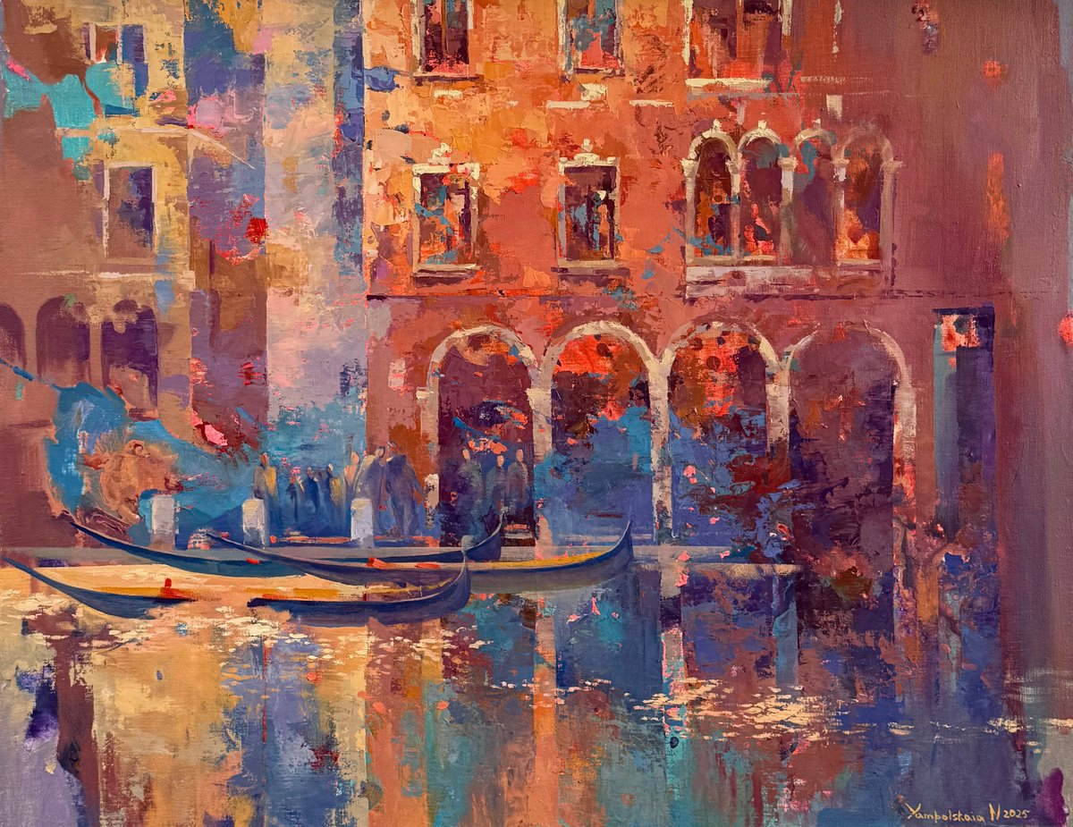Landscape Oil Painting By Natalia Yampolskaia, 37 X 29", Venice Sunset Rays, Original Artwork