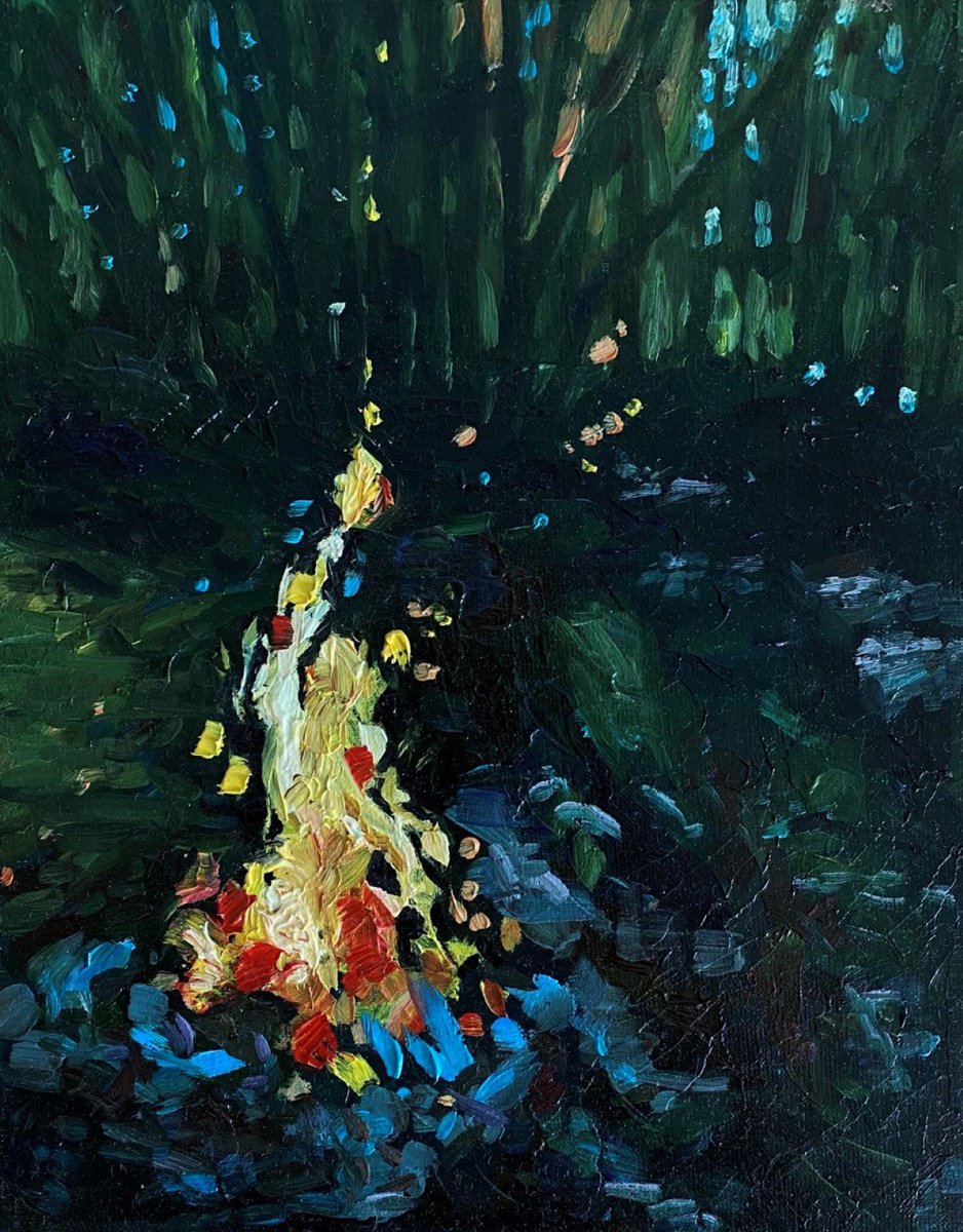 Impressionistic Landscape Oil Painting By Bohdan Vykhrenko, 8 X 10, Campfire In The Forest, Original Artwork
