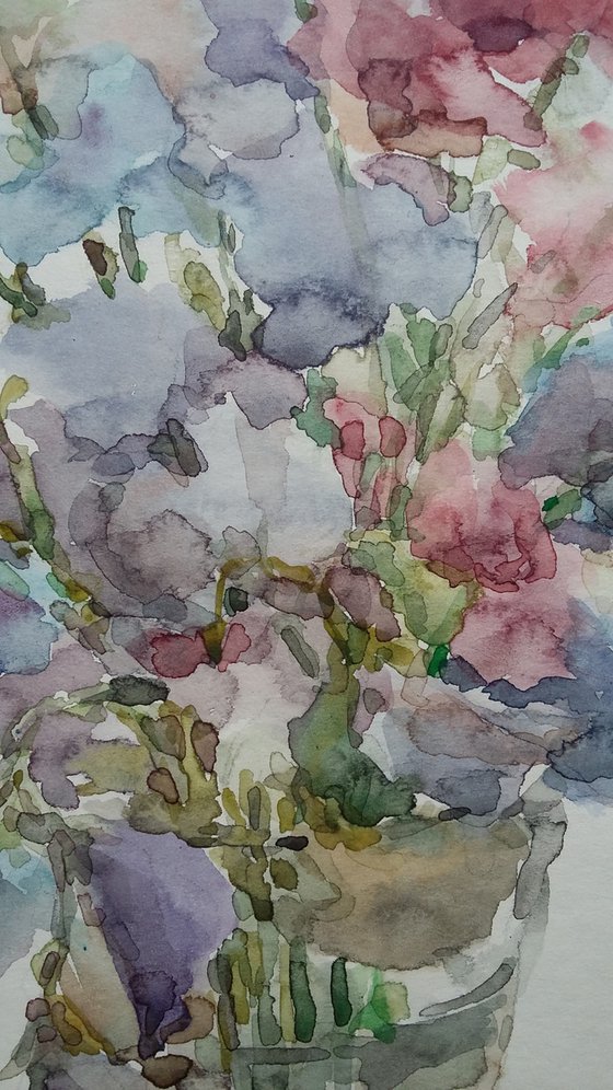 Bouquet of sweet peas in vase. Original watercolour painting.