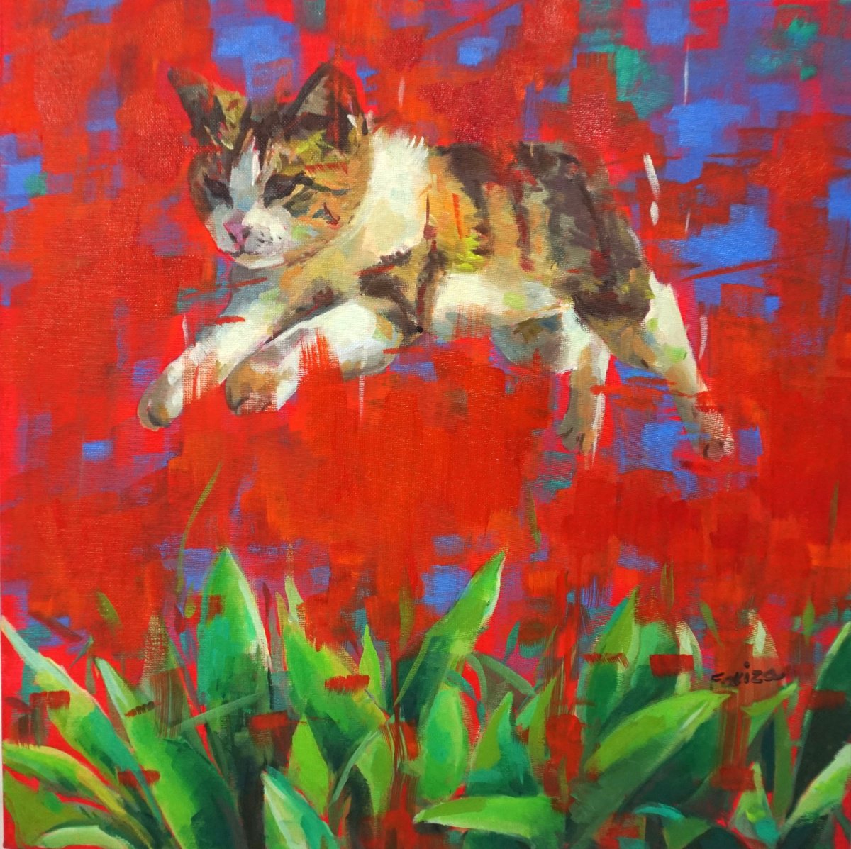 Impressionistic Animal Oil Painting By Amaya Fernandez Fariza, 16 X 16, Flying Cat, Original Artwork