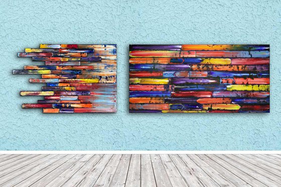 "Breaking The Mold" - FREE USA SHIPPING - Save As A Series - Original PMS Sculptural Oil Painting Assemblage Diptych On Wooden Panels - 84 x 24 inches