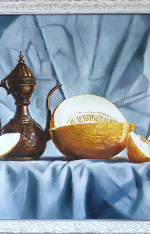 "Uncle Karim's sweet melons.  " still life liGHt original painting PALETTE KNIFE  GIFT (2021) by Anna Bessonova (Kotelnik)