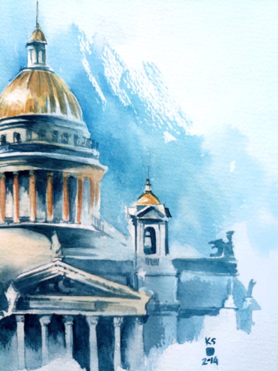 Architectural landscape "Ensemble of St. Isaac's Cathedral in St. Petersburg" original watercolor painting