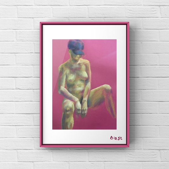 Fuchsia Nude Girl, 50*65, a soft pastel impressionistic drawing on a pink paper