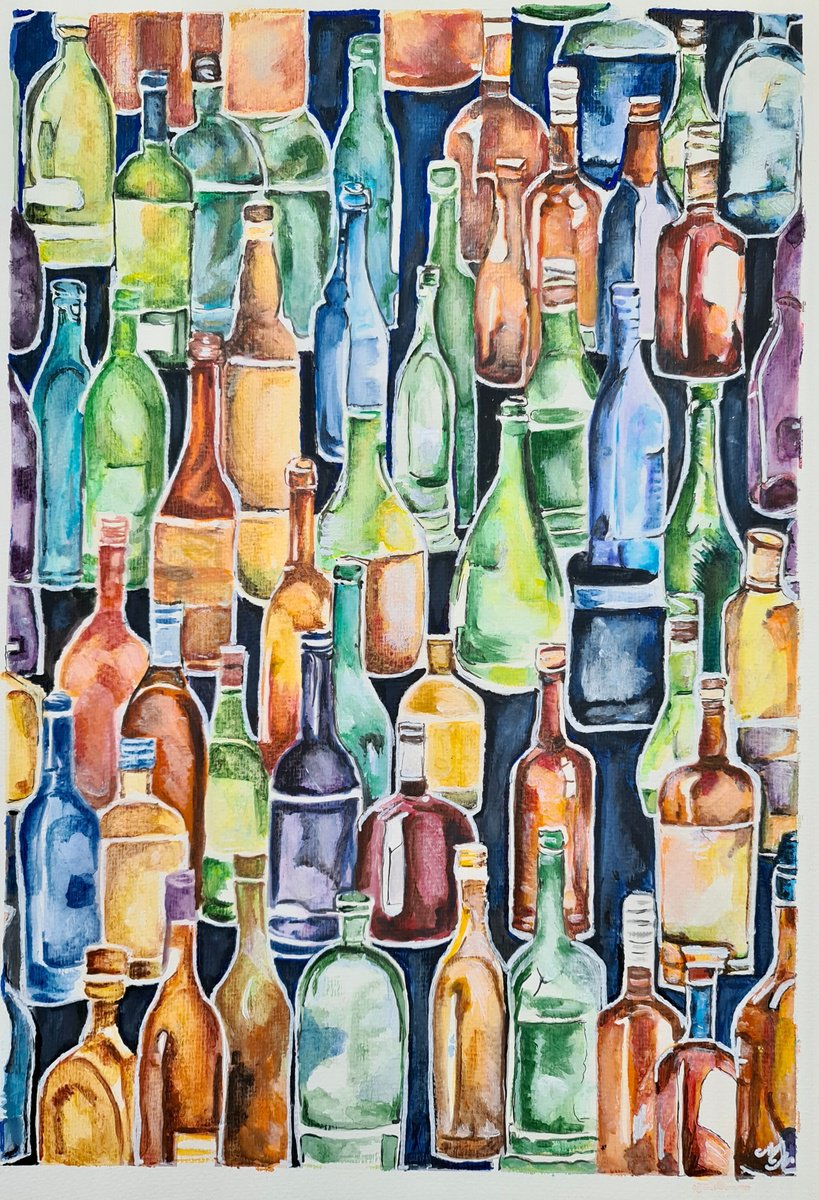 Abstract Still Life Watercolour By Misty Lady - M. Nierobisz, 13 X 19", Bottled Abstraction, Original Artwork