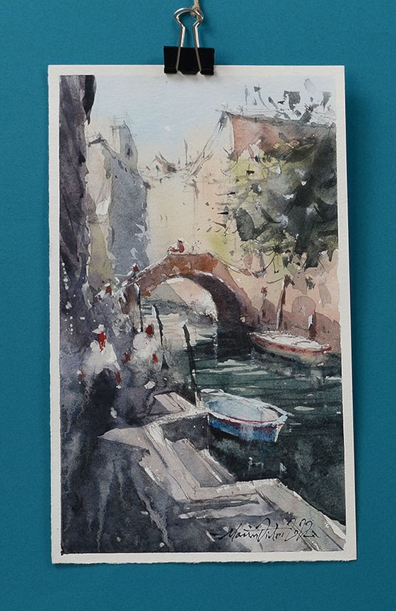 Venetian Landscape , Original Watercolor, Venice Painting.