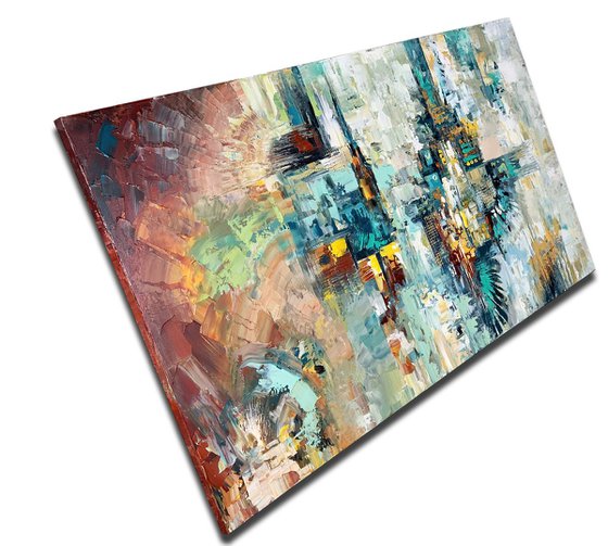 Abstract Painting - Being In The Flow Original Cityscape White Grey Aqua Blue Painting