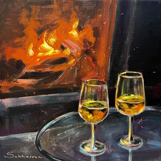 Wine by Fireplace