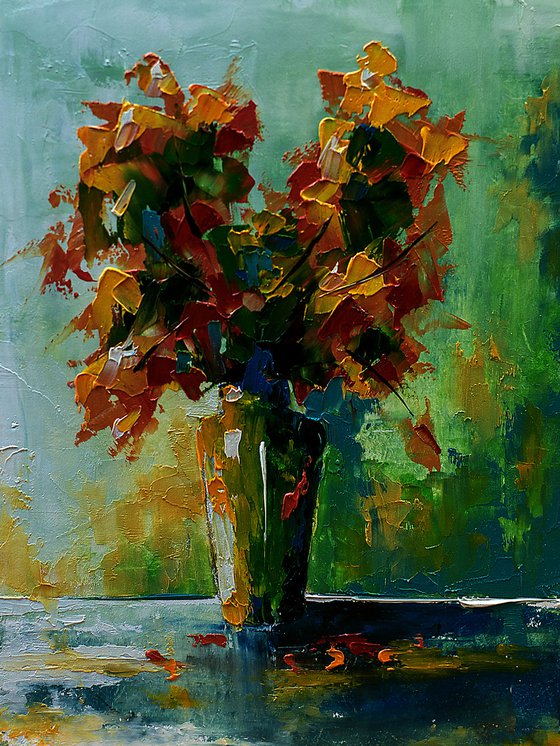 Small still life oil painting. Modern still life painting. Palette knife flowers painting