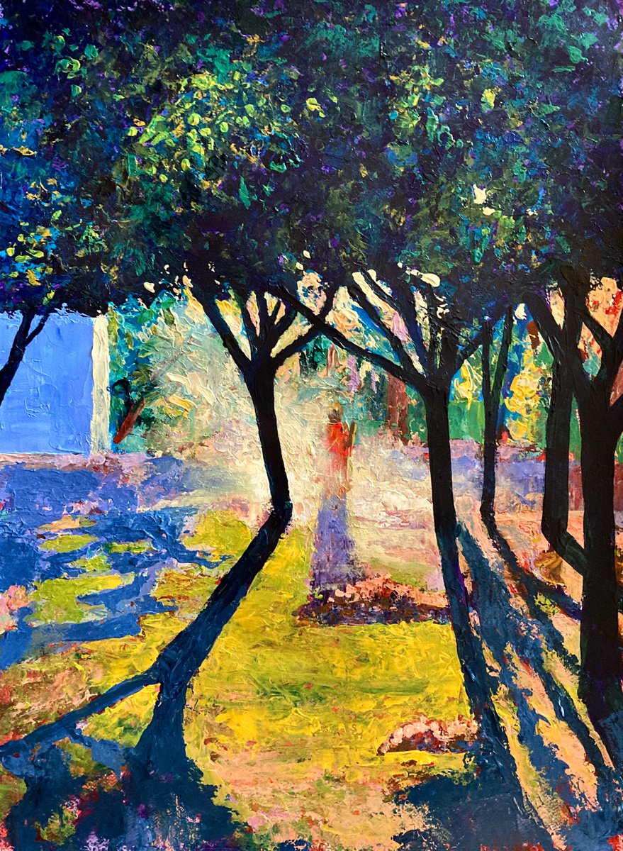 Impressionistic Landscape Acrylic Painting By John Cottee, 22 X 30, Monk Sweeping, Original Artwork