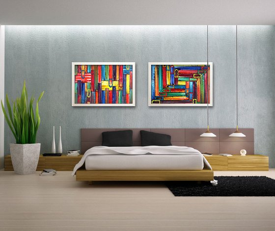 "No Direction" - Save As Series + FREE USA SHIPPING - Original PMS Abstract Diptych Oil Paintings On Recycled Wood - 80" x 28"