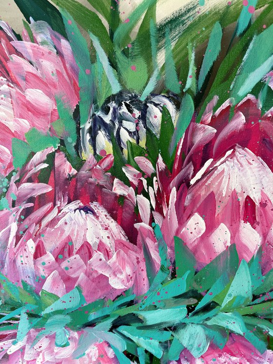 Smiling like a flower towards sunlight - Protea Frosted Fire and Niobe White