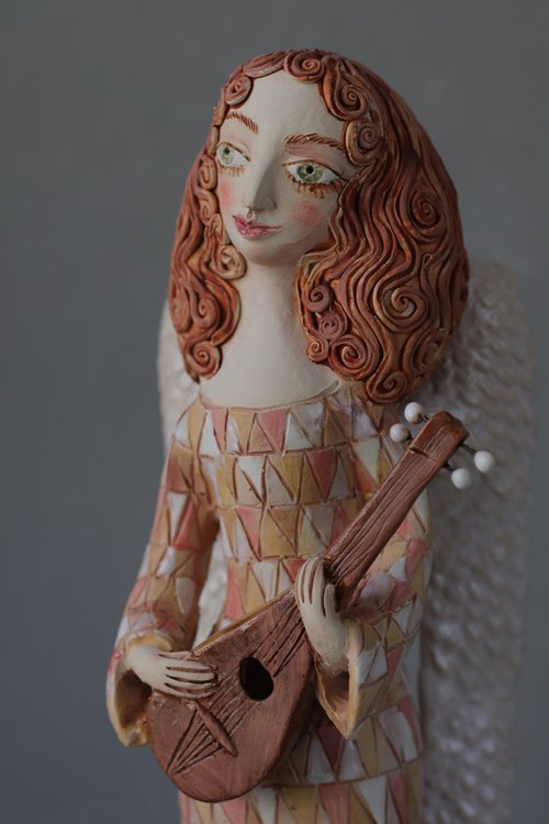 Angel with a Mandolin. Ceramic OOAK sculpture. by Elya Yalonetski