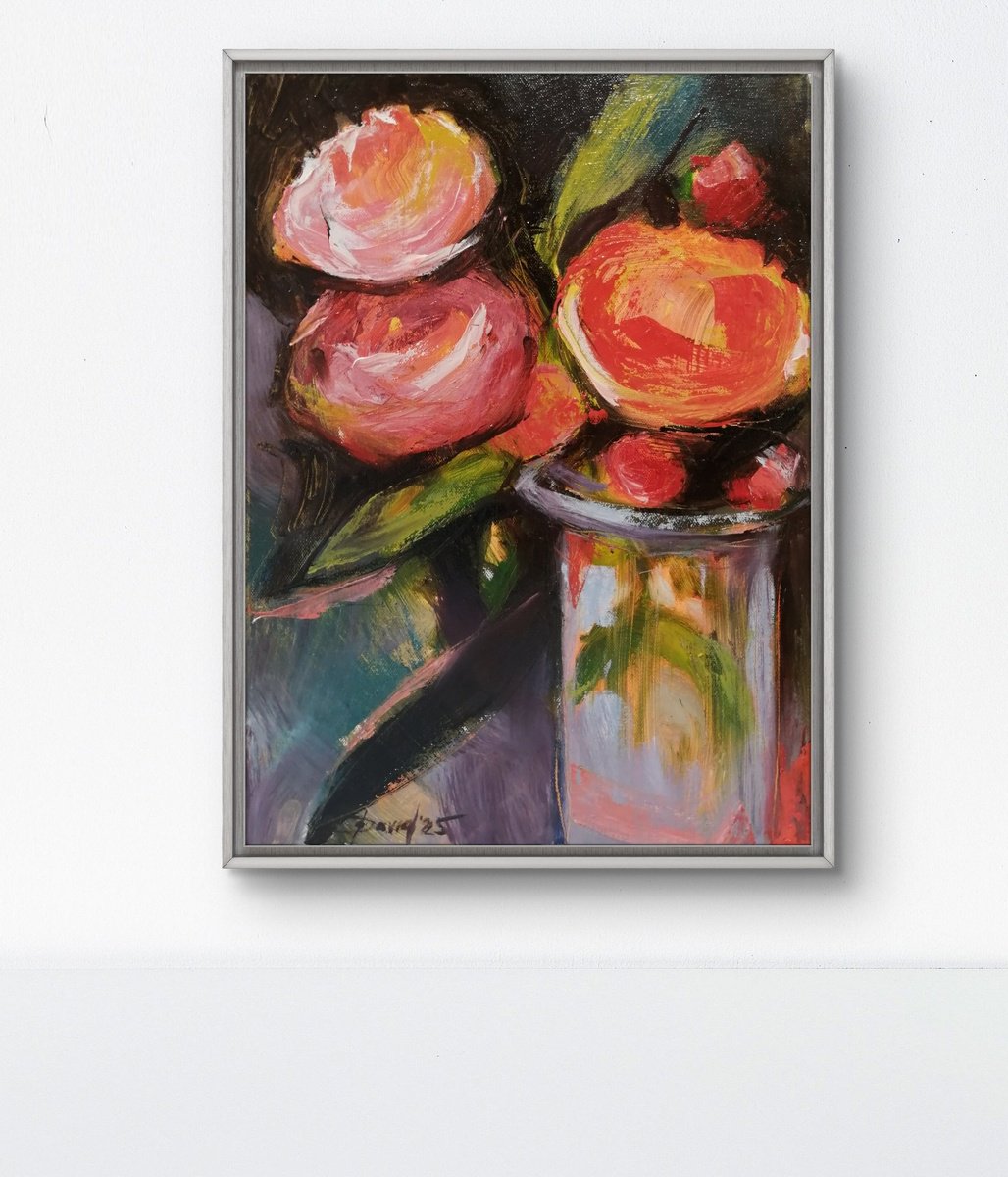 Impressionistic Botanical Acrylic Painting By Olga David, 12 X 17", Pfingstrosen Im Glas, Original Artwork