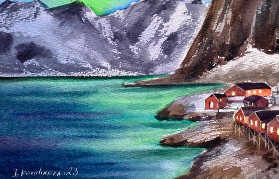 "Arctic Glow" original watercolor paintint, seascape, blue colors, northen lights, nautical art