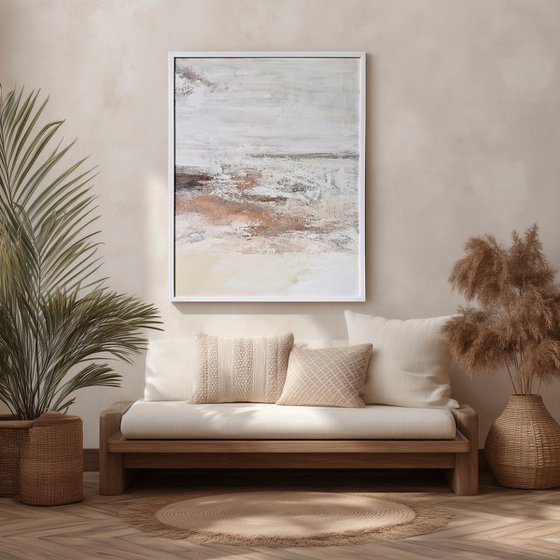 "Glow 2" White brown abstract textured art