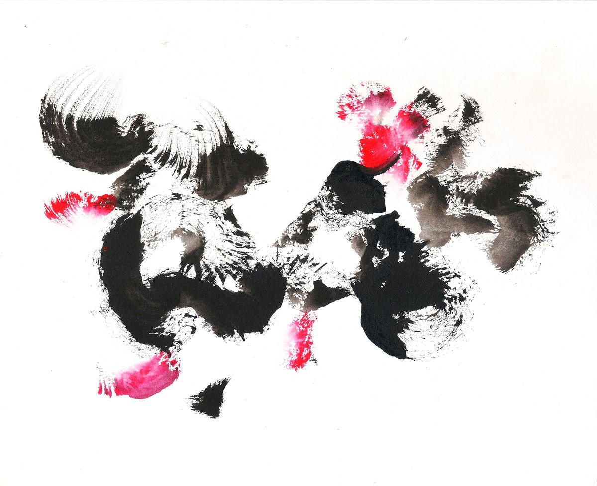 Rooster painting cock-fight Chinese Ink Zen Art  Ink & Acrylic on paper -9.25x 7.4 by Asha Shenoy