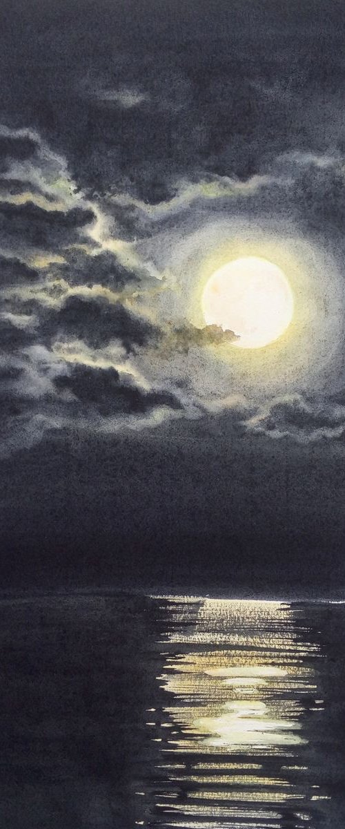 Super Moon in Clouds over Wate by Olga Beliaeva Watercolour