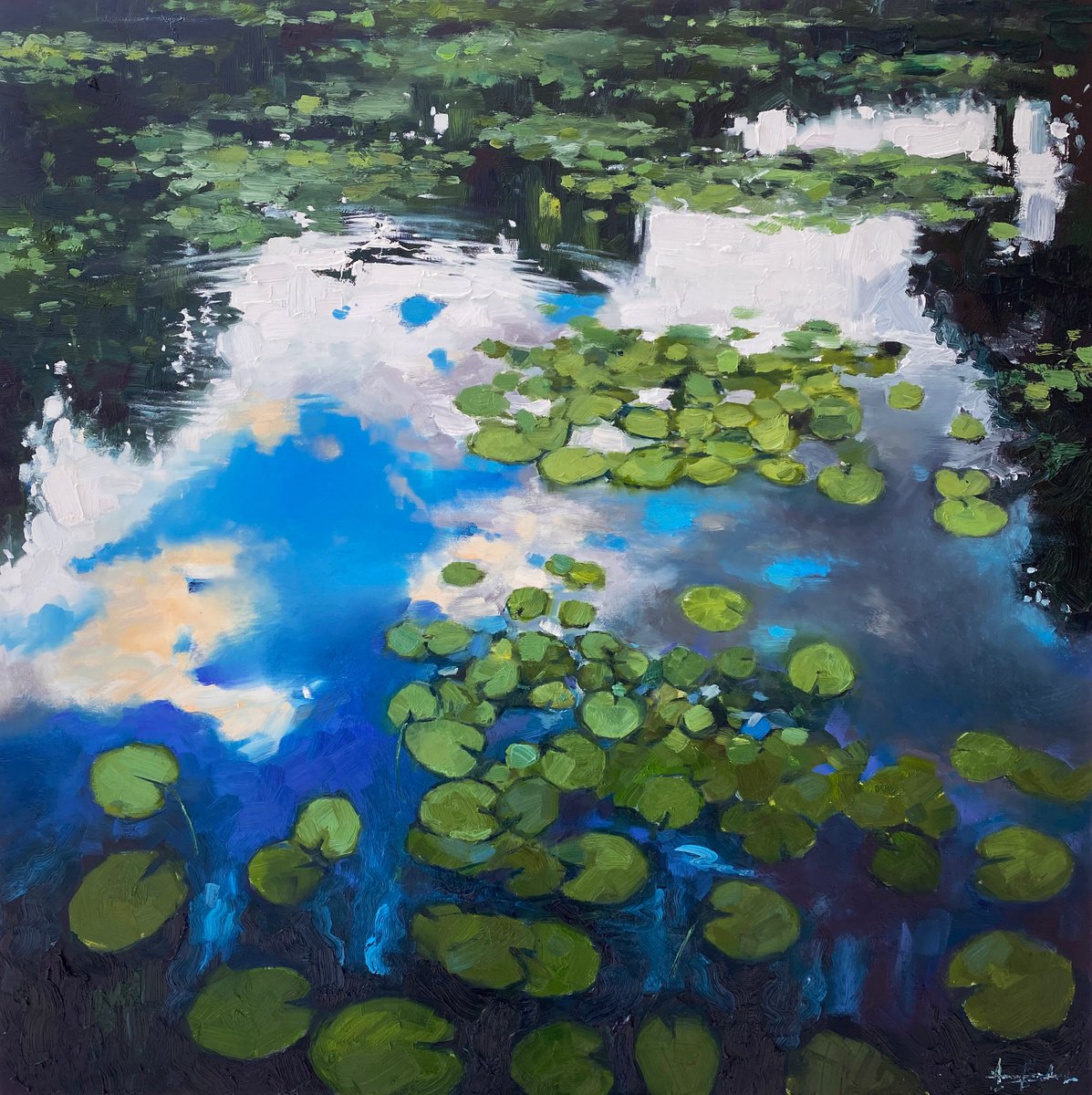 Impressionistic Landscape Oil Painting By Artem Grunyka, 39 X 39, Water-Lilies Pond, Original Artwork