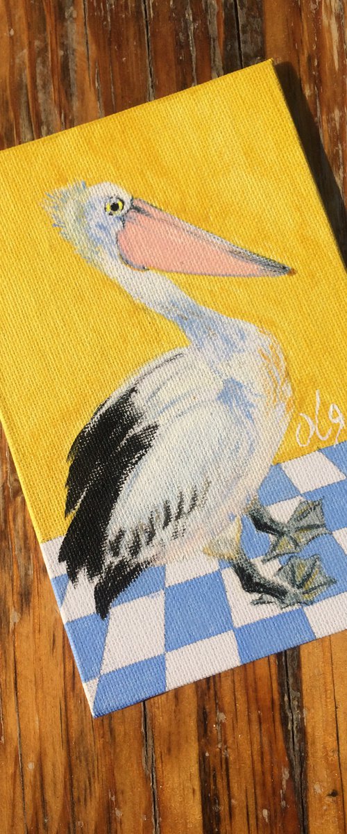 Bird portrait of a pelican on a chessboard - Small canvas art - Gift idea for bird lover by Olga Ivanova