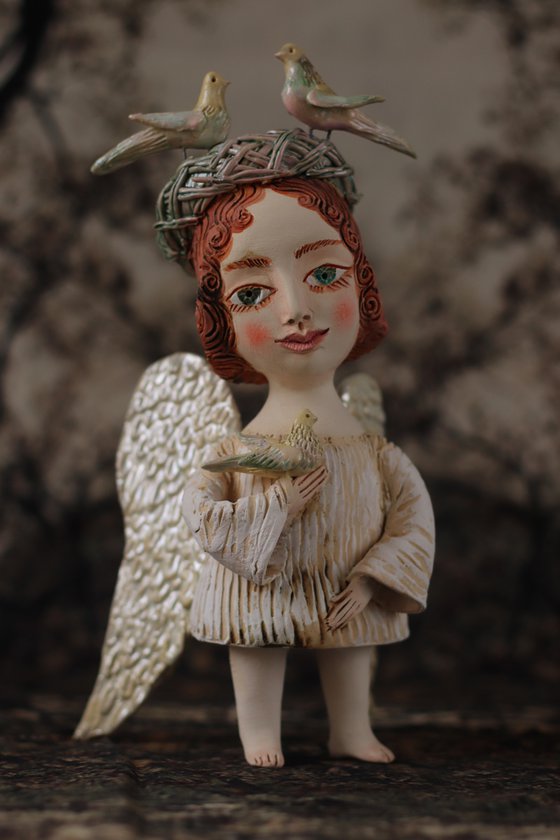 Angel with doves. Ceramic OOAK sculpture.
