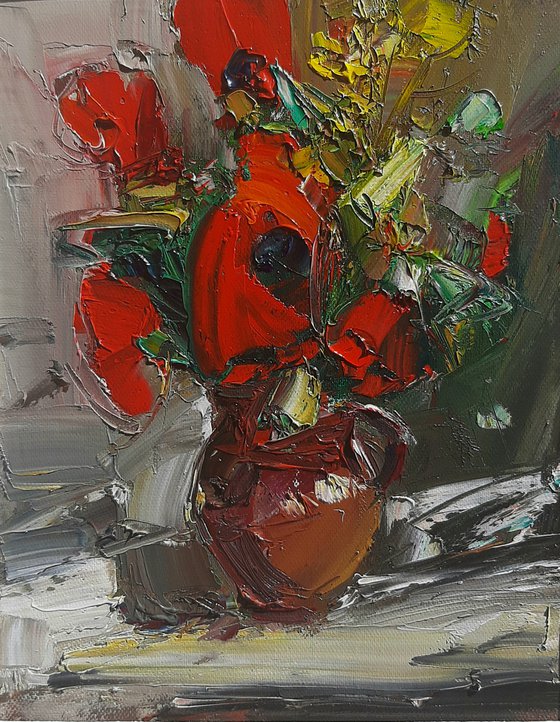Still life - red poppies, 24x30cm, oil painting, palette knife