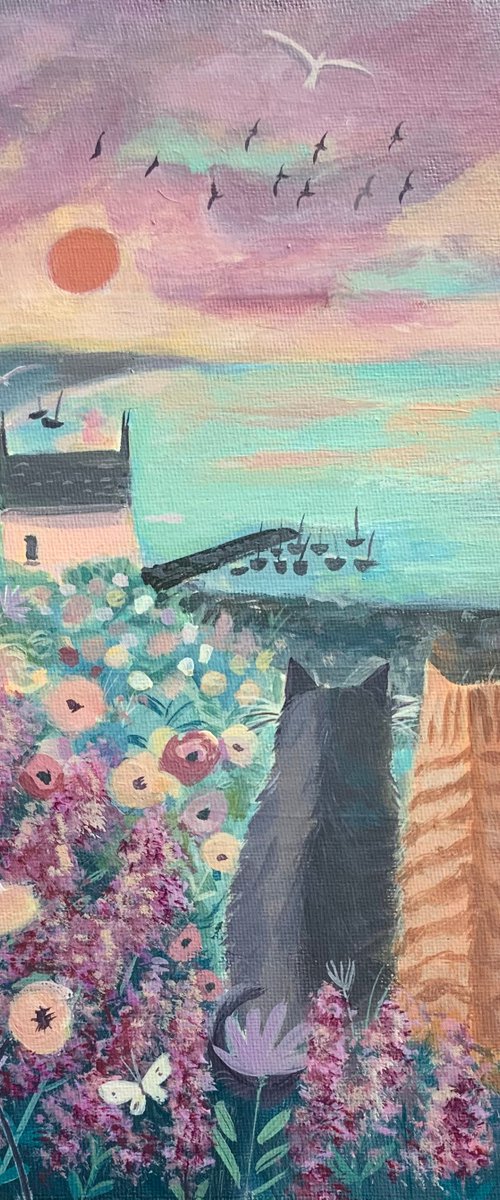 Coastal cats with cottage by Mary Stubberfield