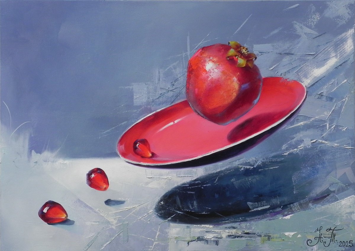 Abstract Still Life Oil Painting By Tetiana Novikova, 28 X 20", "Floating Red", Original Artwork