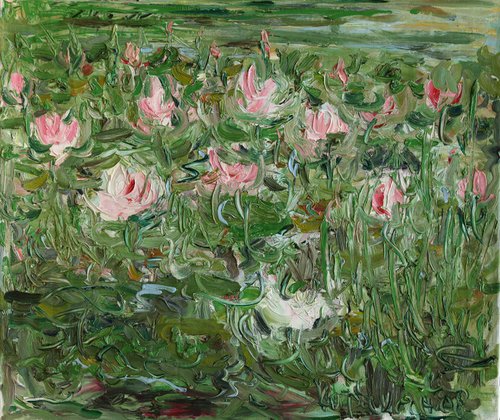 LOTUS POND - Floral art, original oil painting, water lily landscape, green rose calm coloured, lotus flower, waterlilies, impressionism, expressive by Karakhan
