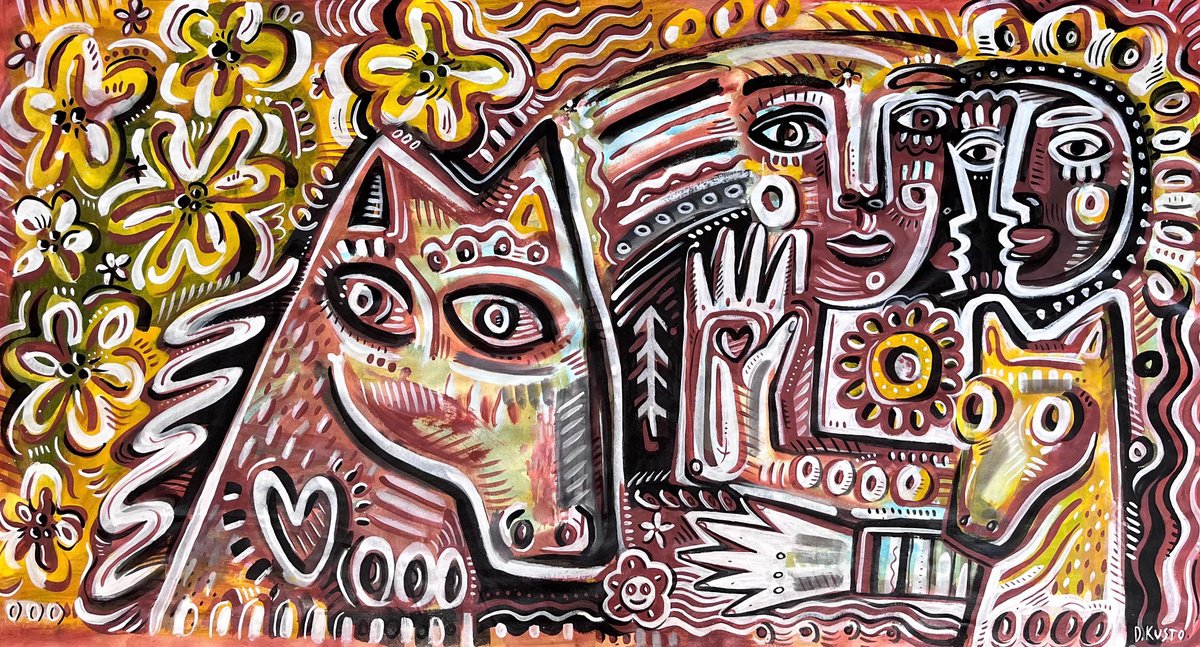 Impressionistic Animal Acrylic Painting By Daria Kusto, 71 X 38, Love And Horses, Original Artwork