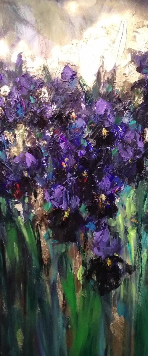 Blue Irises , Original Acrylic Impasto  Painting with Gold by HELINDA (Olga Müller)