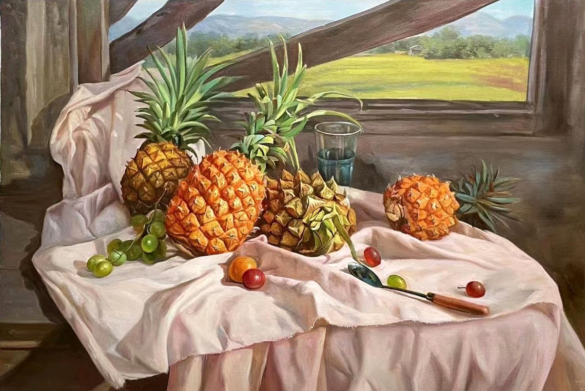 Photorealistic Still Life Oil Painting By Kunlong Wang, 35 X 24", Still Life:pineapples On The Desk C175, Original Artwork