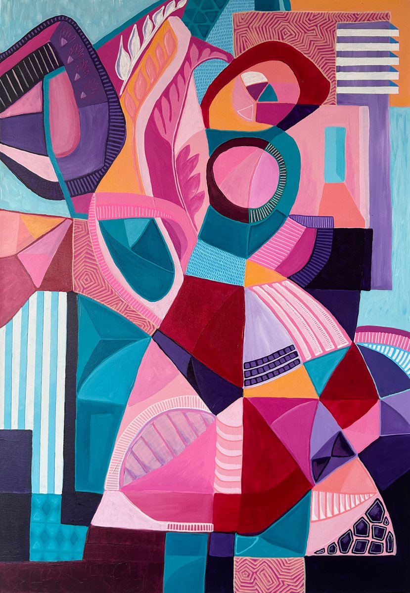 Geometric Abstract Acrylic Painting By Samantha Malone, 28 X 39", She Danced With An Olive Branch, Original Artwork